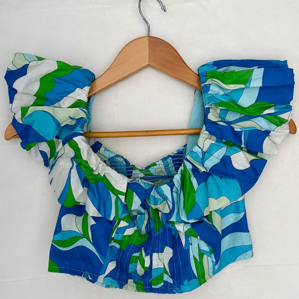 Anthropologie Maeve NWT Puff-Sleeve Cropped Blouse, Blue Motif, XXSP